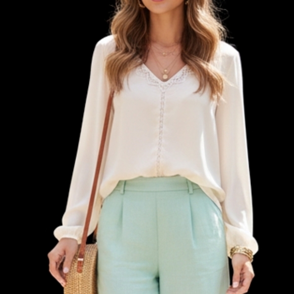 Daytrip Tops - Daytrip Cream V-Neck Lace-Trim Peasant Blouse